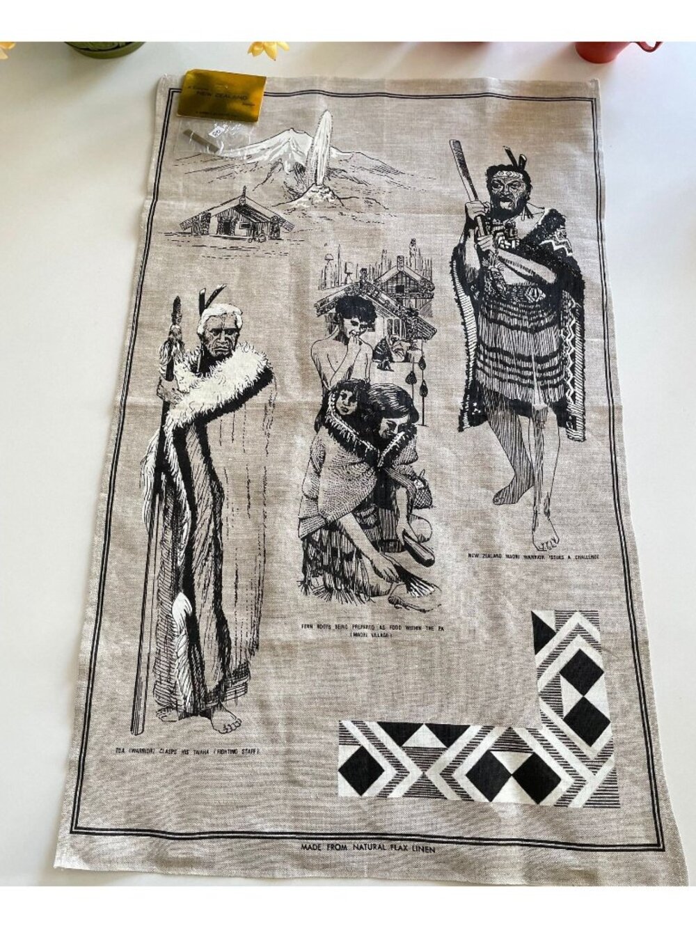 Vintage New Zealand tea towel, native flax sample, new old stock
